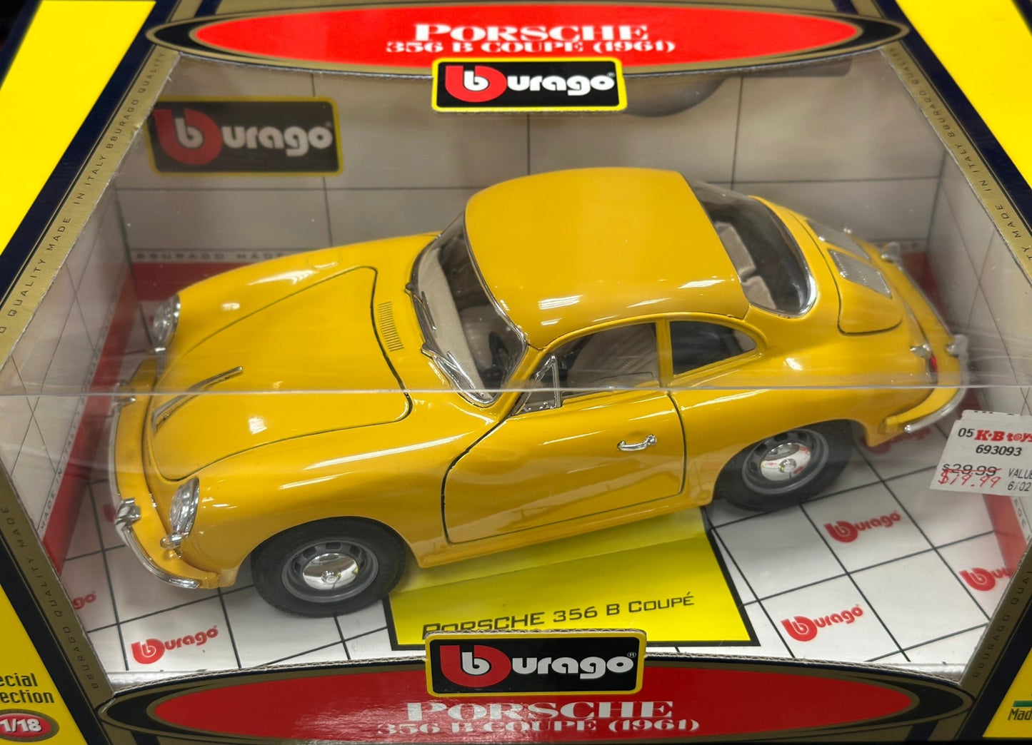 Bburago 1961 Porsche 356B Yellow 1/18 Scale Diecast Model Car | New - Product Image