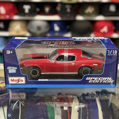 1/18 1971 Chevy Camaro White Stripe Maisto Exclusive Diecast | Metallic Red