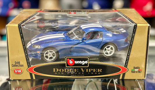 Bburago Dodge Viper GTS Blue w/ White Stripe 1/18 Scale Diecast Model Car | New - Product Image