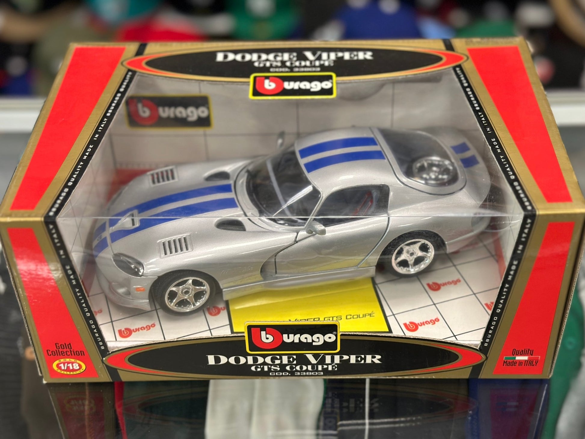 Bburago Dodge Viper GTS Silver w/ Blue Stripes 1/18 Scale Diecast Model Car | New - Product Image