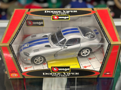 Bburago Dodge Viper GTS Silver w/ Blue Stripes 1/18 Scale Diecast Model Car | New - Product Image