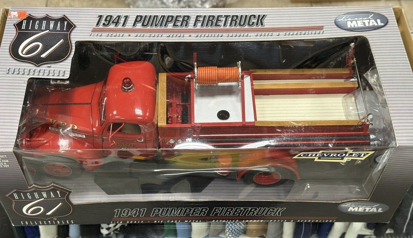 Highway 61 Chevy Chevrolet Pumper Firetruck Red 1/16 Scale Diecast Model Car | New - Product Image