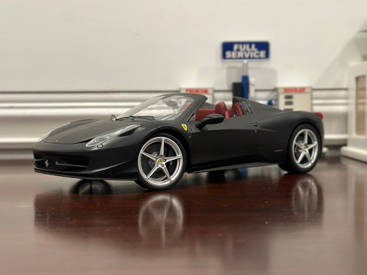 Hot Wheels Elite Ferrari 458 Spider Matte Black 1/18 Scale Diecast Model Car | Limited Edition - Product Image