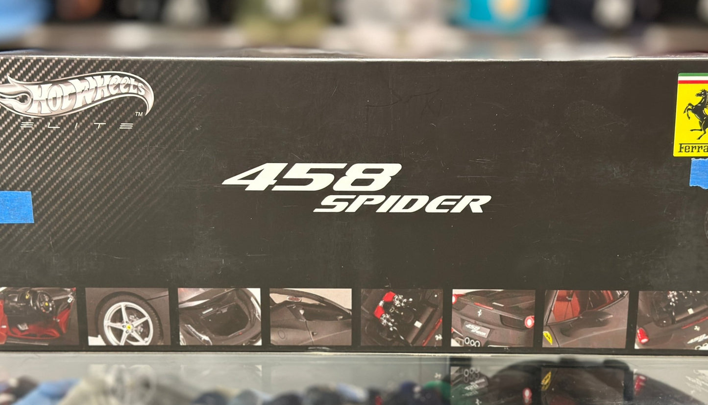 Hot Wheels Elite Ferrari 458 Spider Matte Black 1/18 Scale Diecast Model Car | New - Product Image