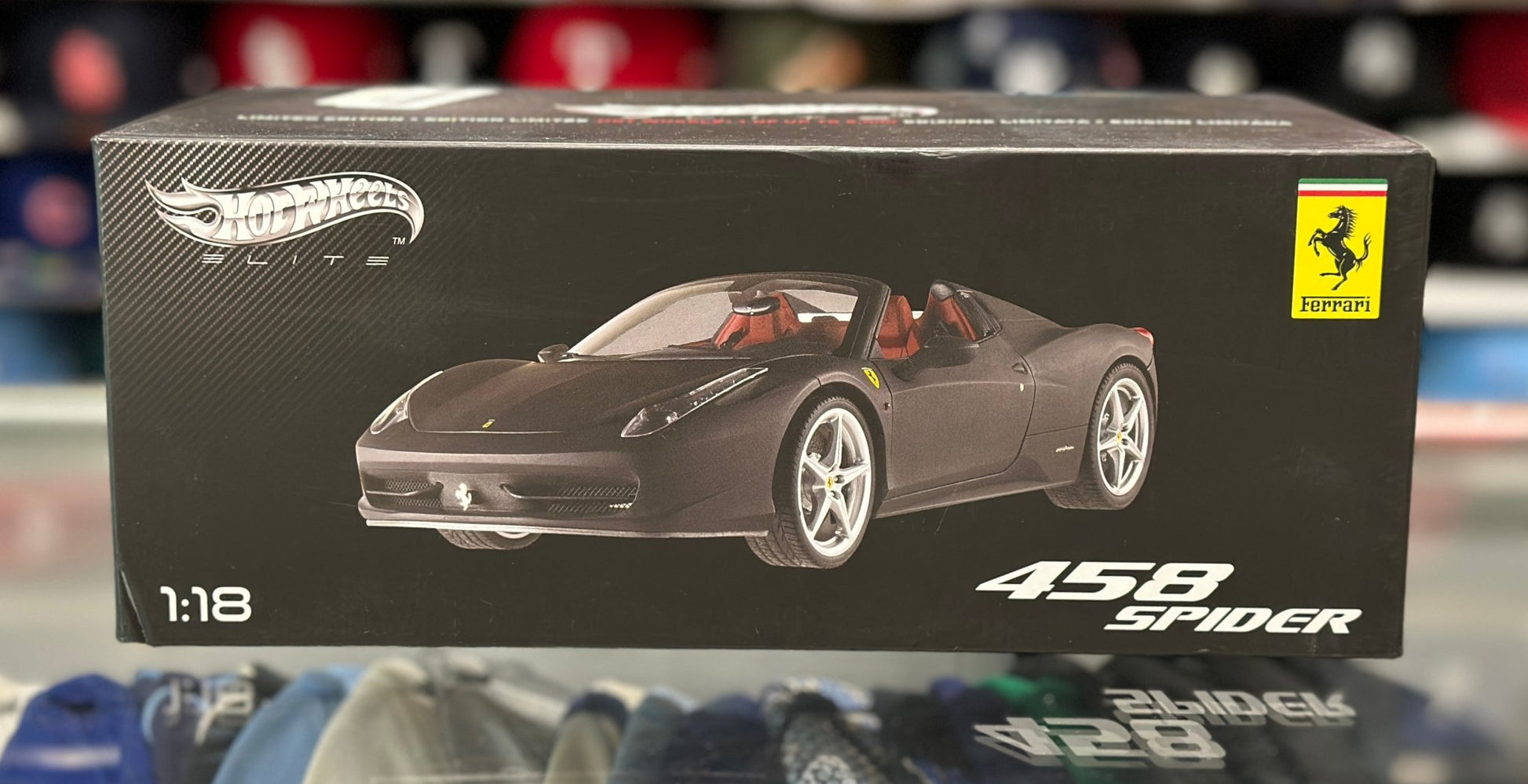 Hot Wheels Elite Ferrari 458 Spider Matte Black 1/18 Scale Diecast Model Car | New - Product Image