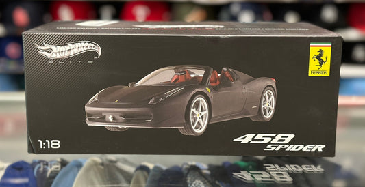 Hot Wheels Elite Ferrari 458 Spider Matte Black 1/18 Scale Diecast Model Car | New - Product Image