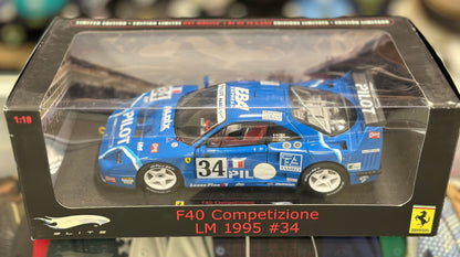 Hot Wheels Elite Ferrari F40 Competizione Blue 1/18 Scale Diecast Model Car | New - Product Image