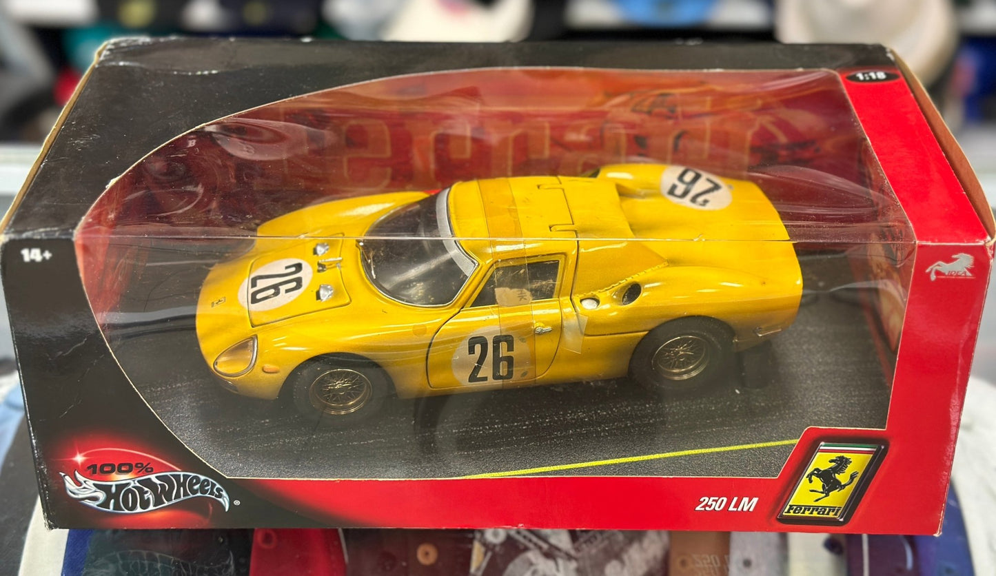 Hot Wheels Ferrari 250 LM '#26 After Race' Yellow 1/18 Scale Diecast Model Car | New - Product Image