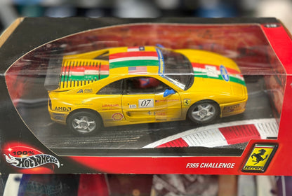 Hot Wheels Ferrari F355 Challenge '#07 After Race' Yellow 1/18 Scale Diecast Model Car | New - Product Image