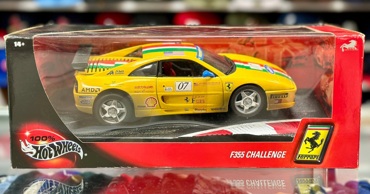 Hot Wheels Ferrari F355 Challenge '#07 After Race' Yellow 1/18 Scale Diecast Model Car | New - Product Image