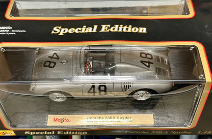 Maisto 1958 Porsche 550 A Spyder '1000km Bueno Aires' Silver 1/18 Scale Diecast Model Car | New - Product Image