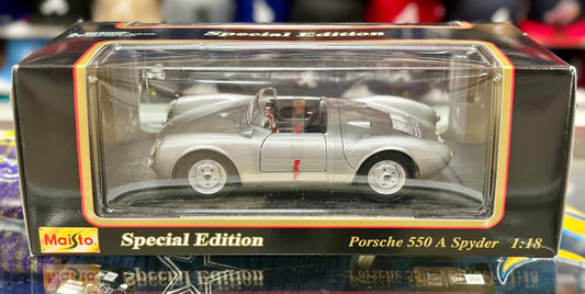 Maisto 1958 Porsche 550 A Spyder 'Plain Body' Silver 1/18 Scale Diecast Model Car | New - Product Image