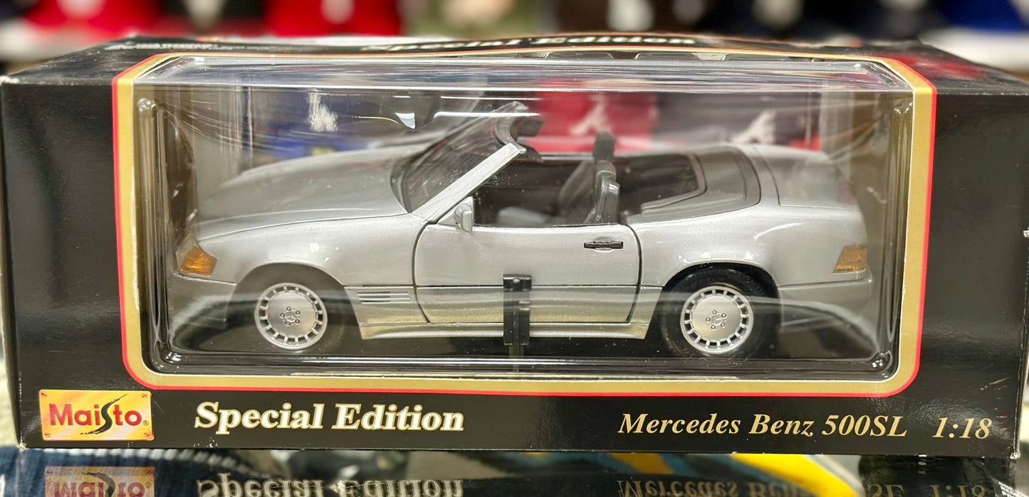 Maisto 1989 Mercedes Benz 500 SL Silver 1/18 Scale Diecast Model Car | New - Product Image
