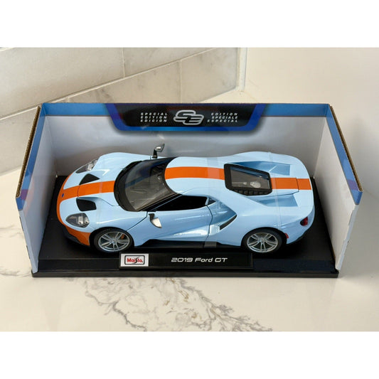 Maisto 2019 Ford GT 'Gulf Livery' Blue w/ Orange 1/18 Scale Diecast Model Car | New - Product Image