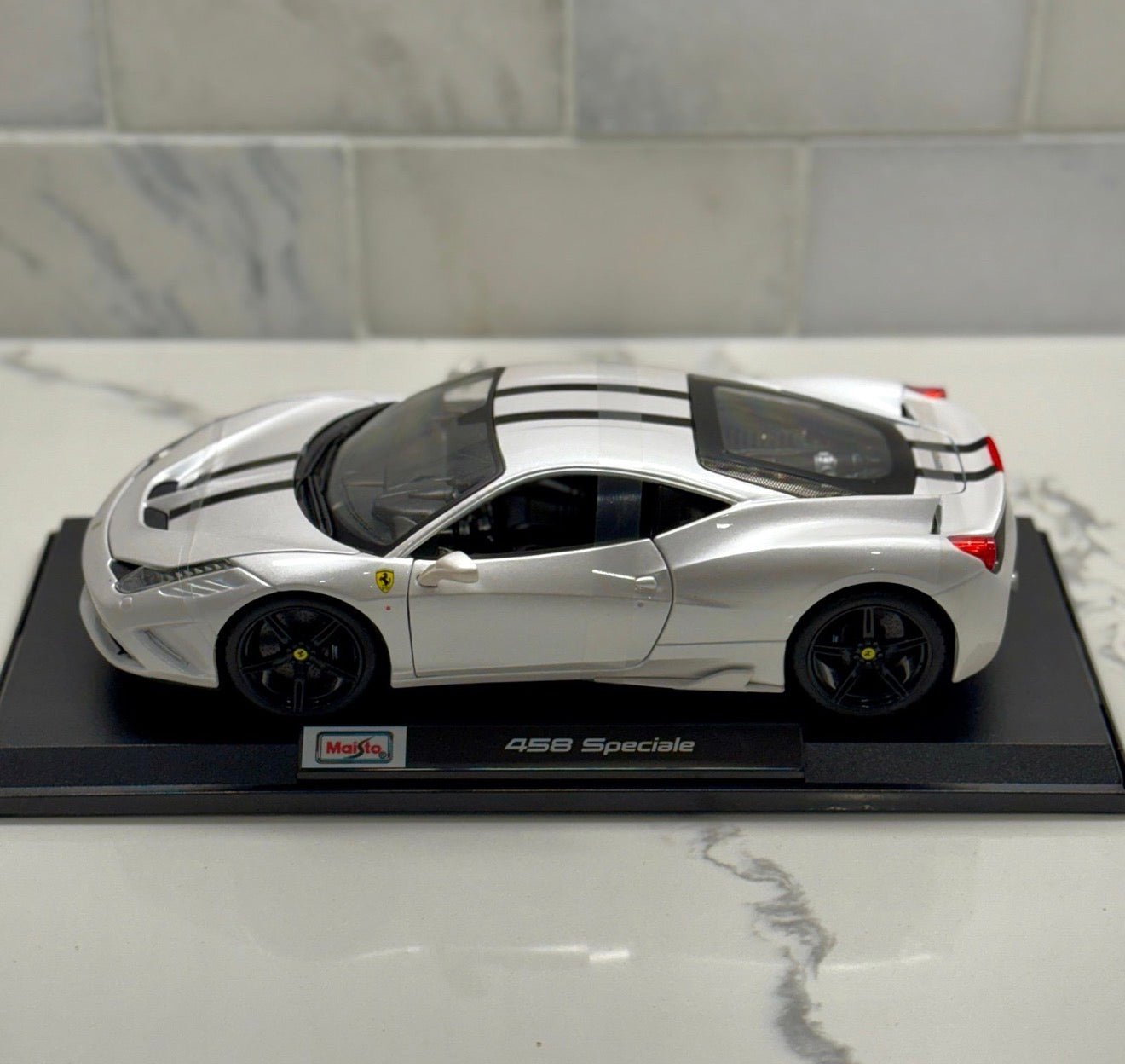 Maisto Ferrari 458 Speciale Pearl White w/ Black Stripes 1/18 Scale Diecast Model Car | New - Product Image
