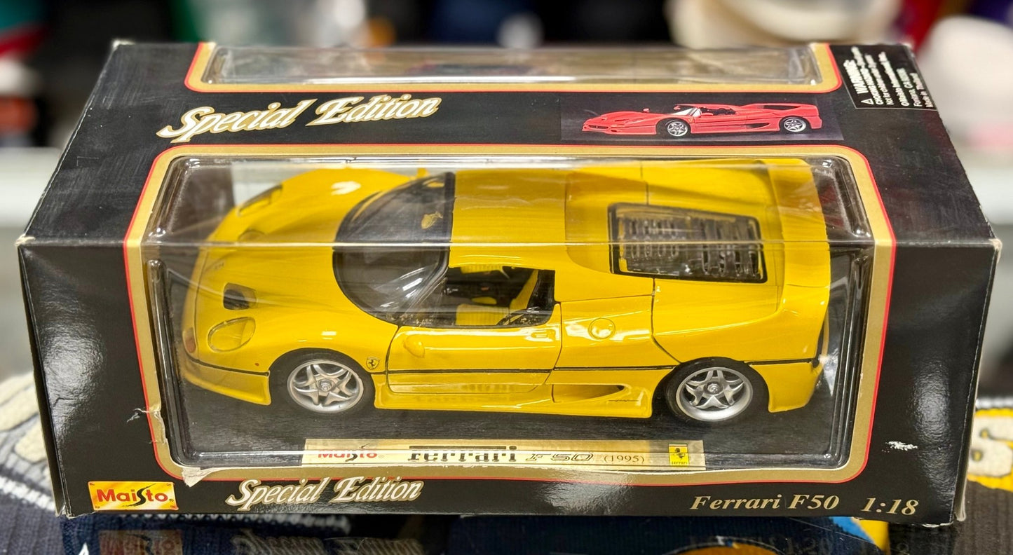 Maisto Ferrari F50 'Hard Top' Yellow 1/18 Scale Diecast Model Car | New - Product Image