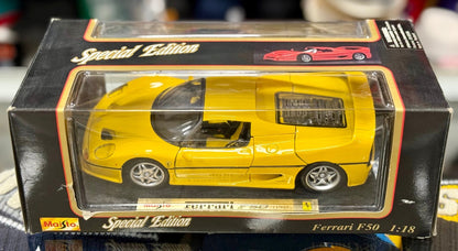 Maisto Ferrari F50 'Hard Top' Yellow 1/18 Scale Diecast Model Car | New - Product Image