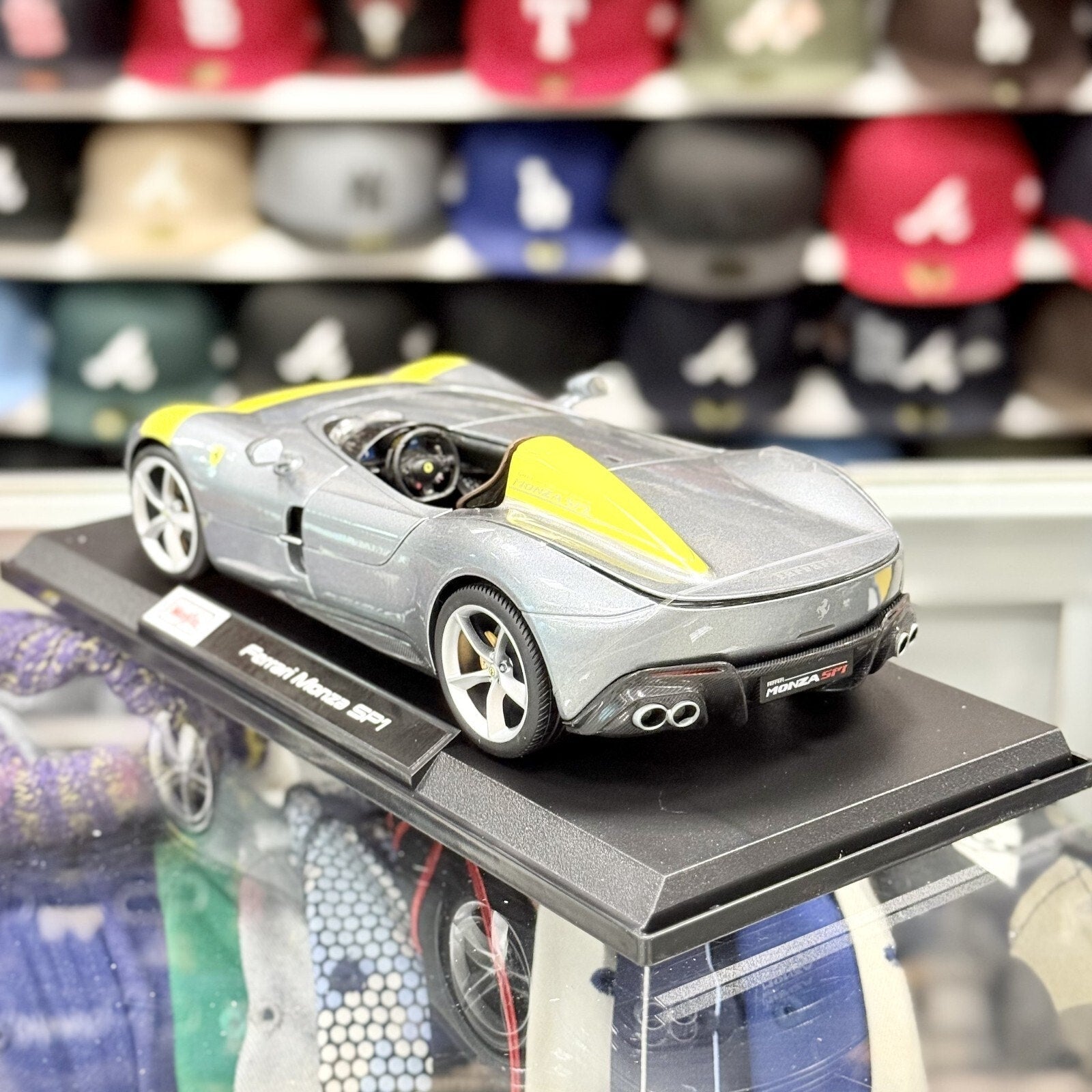 Maisto Ferrari Monza SP1 Silver w/ Yellow Stripes 1/18 Scale Diecast Model Car | New - Product Image