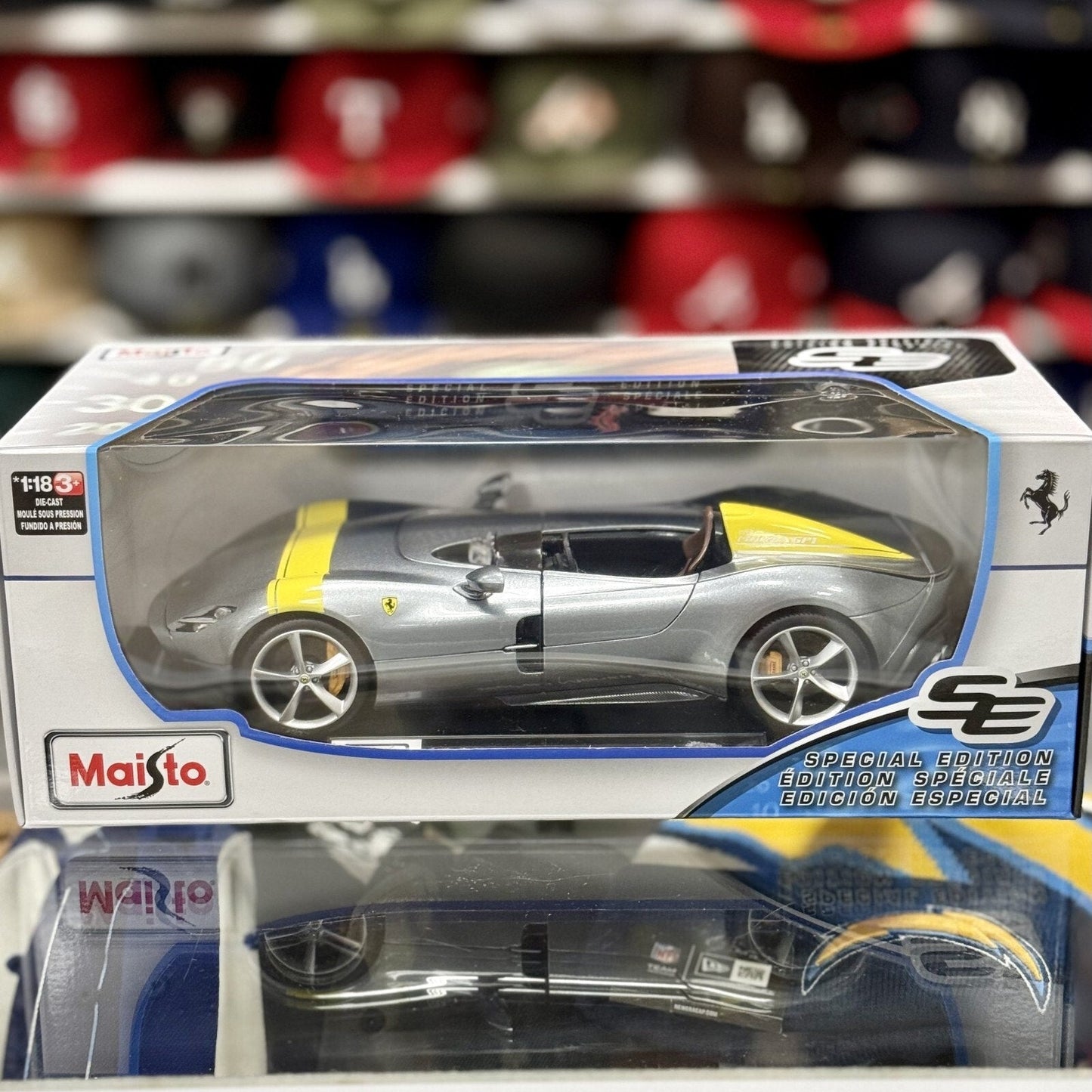 Maisto Ferrari Monza SP1 Silver w/ Yellow Stripes 1/18 Scale Diecast Model Car | New - Product Image