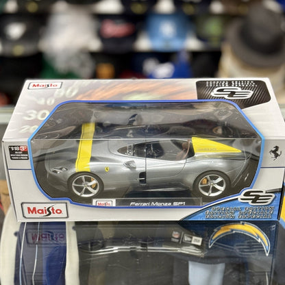 Maisto Ferrari Monza SP1 Silver w/ Yellow Stripes 1/18 Scale Diecast Model Car | New - Product Image