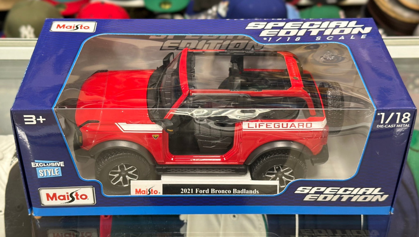 Maisto Ford Bronco 'Life Guard Edition' Red 1/18 Scale Diecast Model Car | New - Product Image