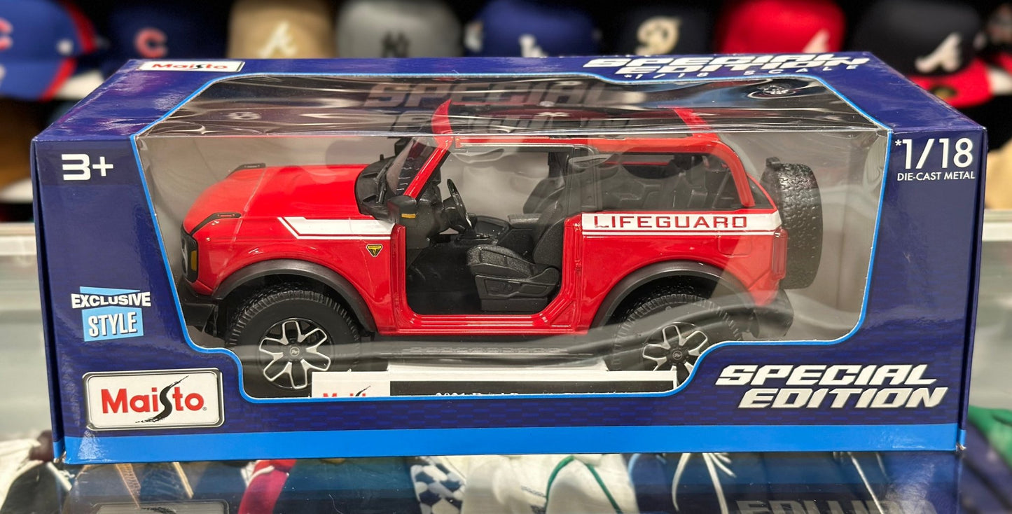 Maisto Ford Bronco 'Life Guard Edition' Red 1/18 Scale Diecast Model Car | New - Product Image