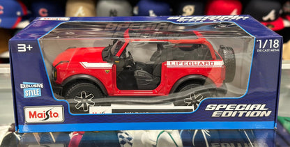 Maisto Ford Bronco 'Life Guard Edition' Red 1/18 Scale Diecast Model Car | New - Product Image