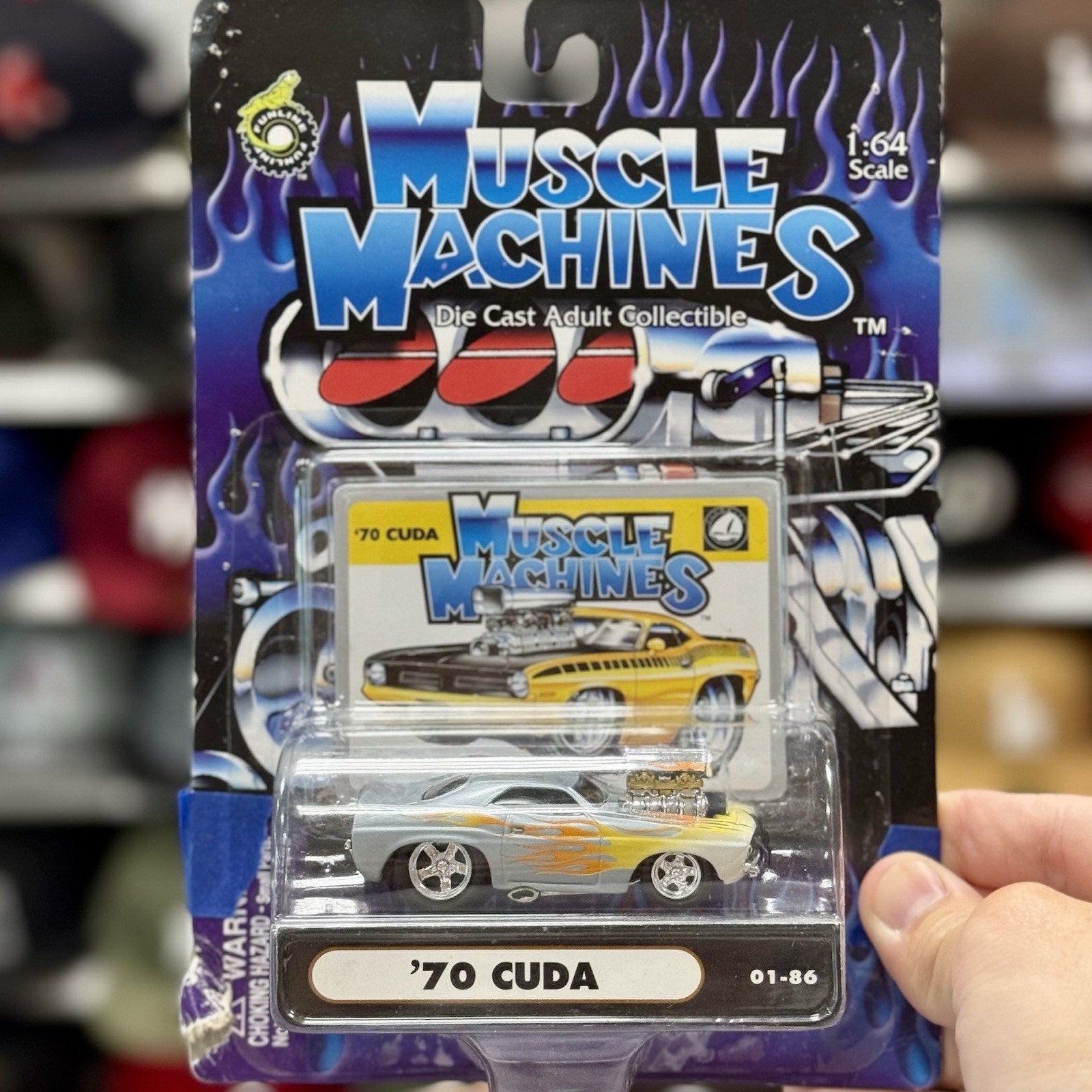 Muscle Machines 1970 Cuda Silver w/ Flames 1/64 Scale Diecast Model Car - Product Image