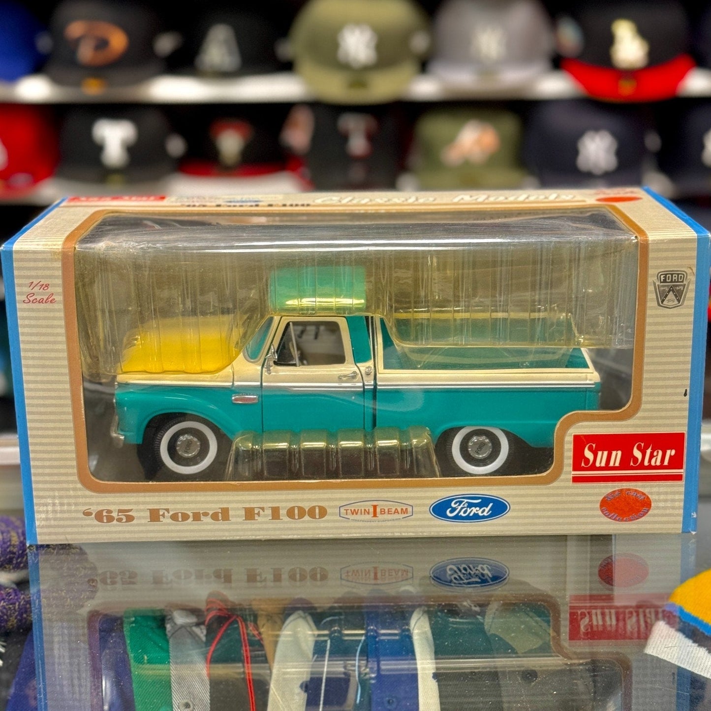 Sun Star 1965 Ford F100 Twin Beam Pickup Teal White 1/18 Scale Diecast Model Car | New - Product Image