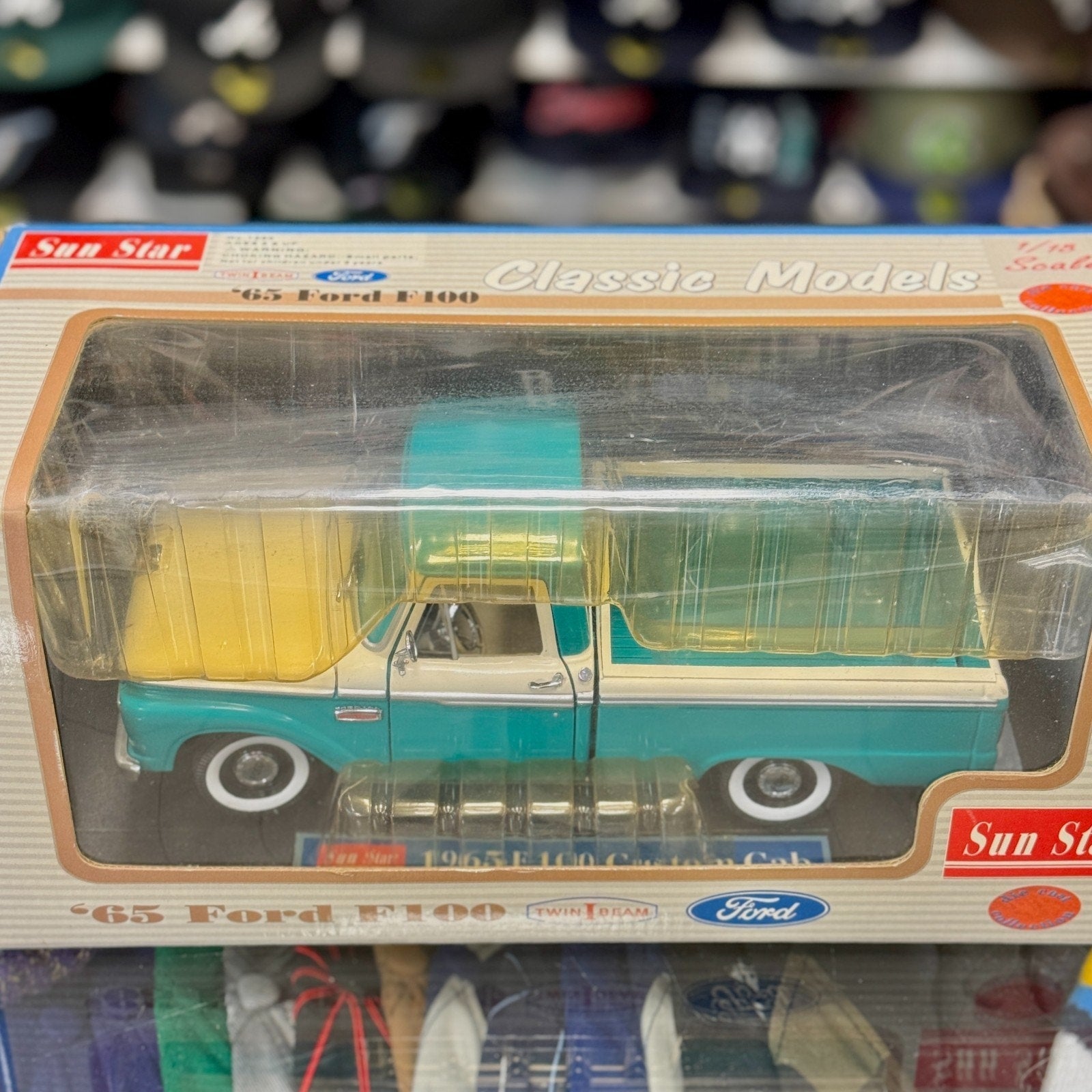 Sun Star 1965 Ford F100 Twin Beam Pickup Teal White 1/18 Scale Diecast Model Car | New - Product Image