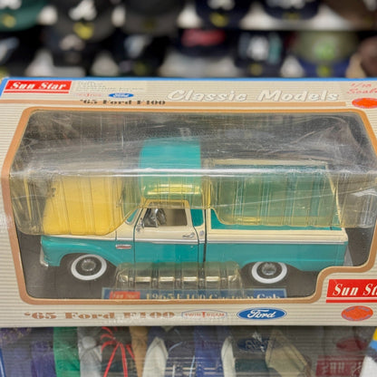 Sun Star 1965 Ford F100 Twin Beam Pickup Teal White 1/18 Scale Diecast Model Car | New - Product Image