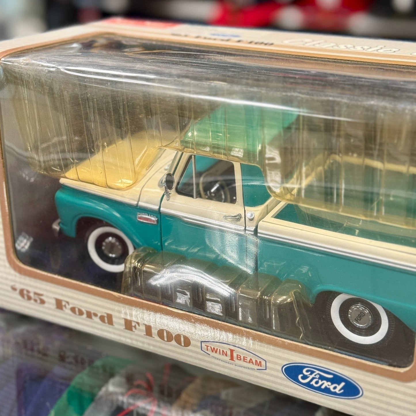 Sun Star 1965 Ford F100 Twin Beam Pickup Teal White 1/18 Scale Diecast Model Car | New - Product Image