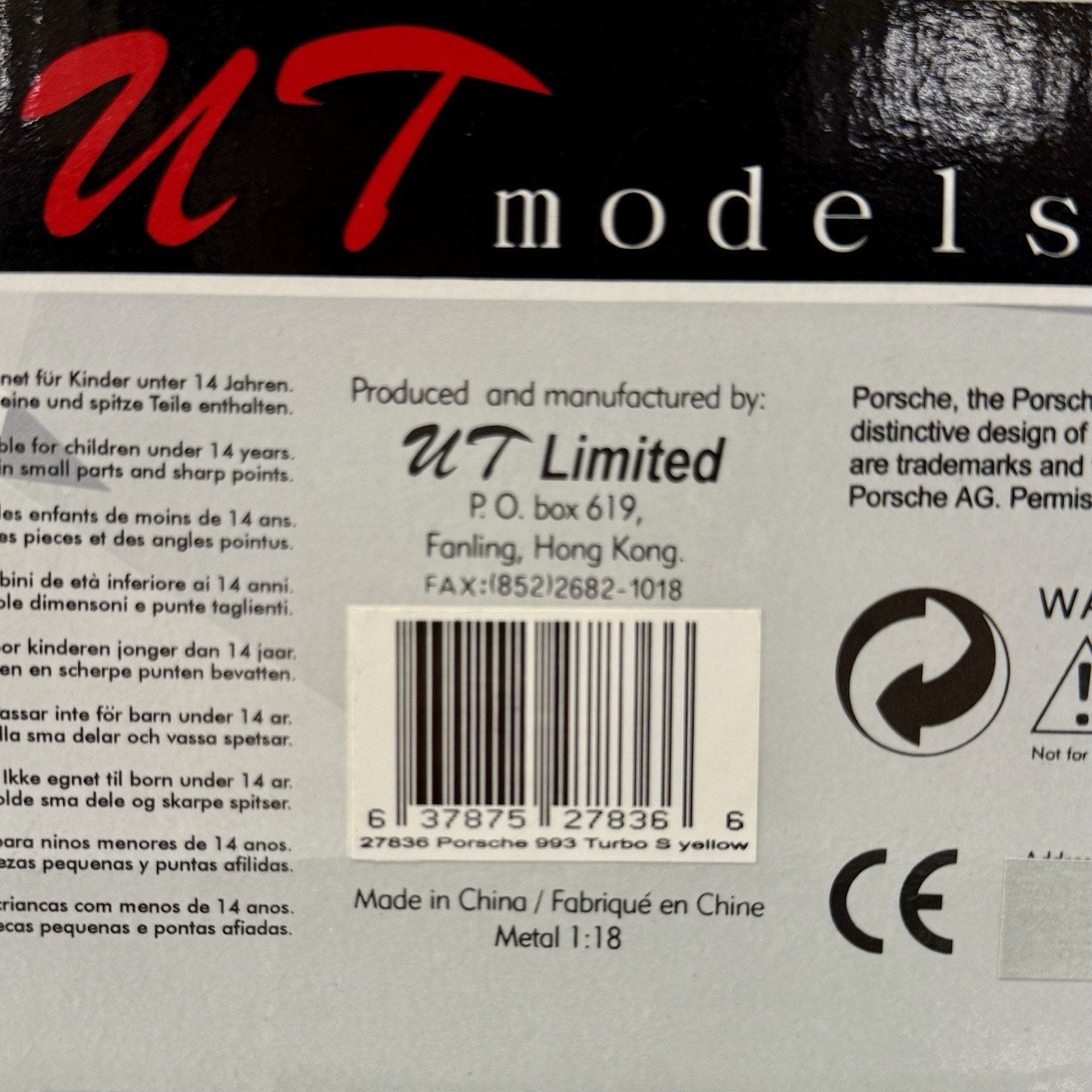 UT Models Porsche 911 993 Turbo S Fly-Bird Yellow 1/18 Scale Diecast Model Car | New - Product Image