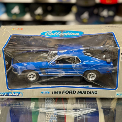 WELLY 1969 Ford Mustang Boss 302 Blue 1/18 Scale Diecast Model Car | New - Product Image