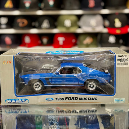 WELLY 1969 Ford Mustang Boss 302 Blue 1/18 Scale Diecast Model Car | New - Product Image