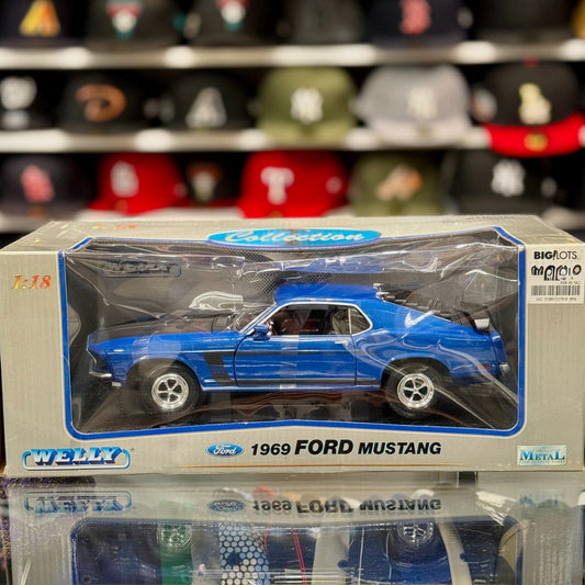 WELLY 1969 Ford Mustang Boss 302 Blue 1/18 Scale Diecast Model Car | New - Product Image